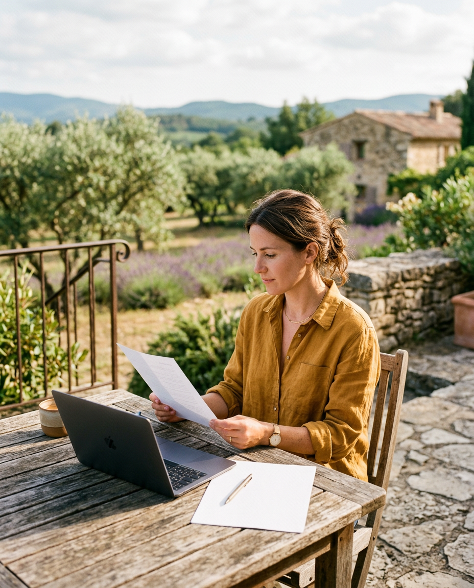 Image générée d’une chef de projet lisant une demande imprimée sur une terrasse ensoleillée de Provence